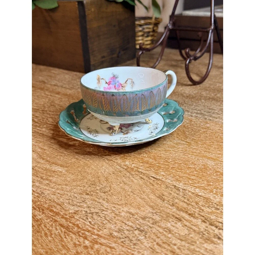 Vintage Unmarked Iridescent Green Lusterware Footed Teacup & Reticulated Saucer